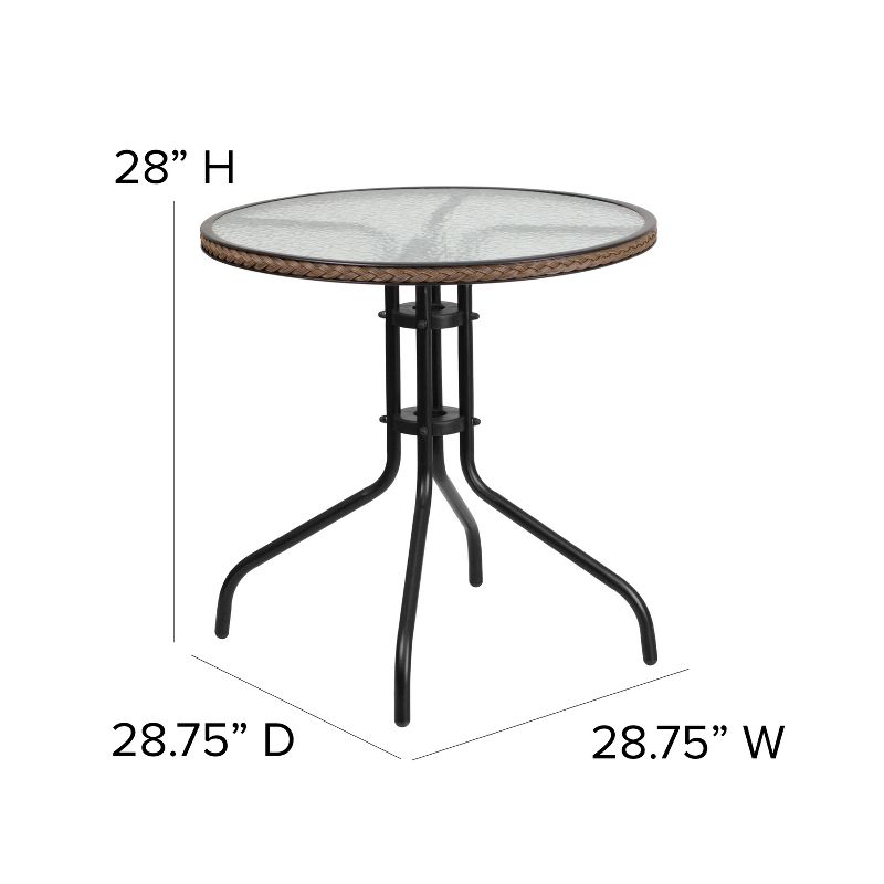 Emma and Oliver 28" Round Tempered Glass Metal Table with Rattan Edging, 3 of 4