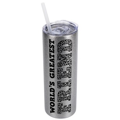 Elanze Designs Leopard Pattern Silvertone Sparkle 20 Ounce Double Wall Stainless Steel Glitter Travel Tumbler With Sliding Lid And Straw, World's