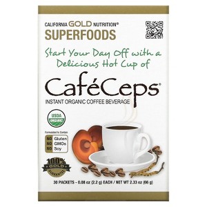 California Gold Nutrition CafeCeps, Certified Organic Instant Coffee with Cordyceps, and Reishi Mushroom Powder, 30 Packets, 0.08 oz (2.2 g) Each - 1 of 3