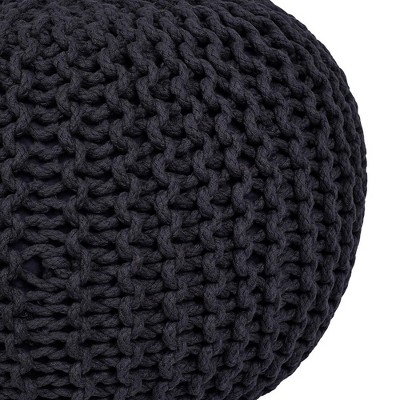 Charcoal Grey Hand-Woven Cotton Round Pouf Ottoman