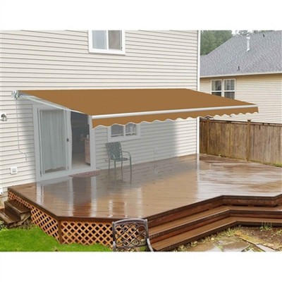 Motorized Sand Beige Polyester Patio Awning with White Frame
