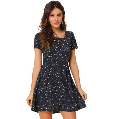 Allegra K Women's Printed Casual Square Neck Short Sleeve Mini A-line Dress  Blue-stars Large : Target