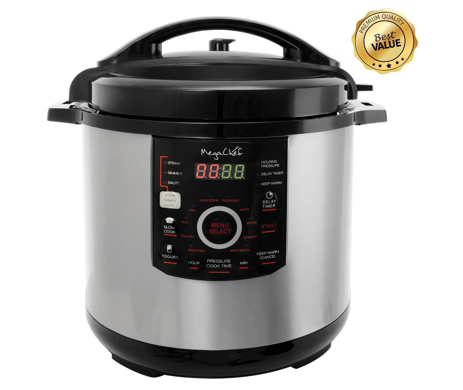 Megachef 12 Quart Steel Digital Pressure Cooker with 15 Presets and Glass Lid: Stainless Steel, 1600W, Dishwasher-Safe