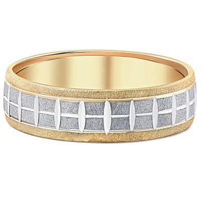 Pompeii3 Men's 14k Yellow Gold 6mm Two Tone Brushed Cross Cut Ring Wedding Band