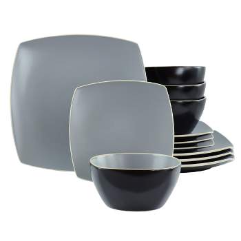 Hometrends Soho Lounge 12 Piece Square Stoneware Dinnerware Set in Grey and Black