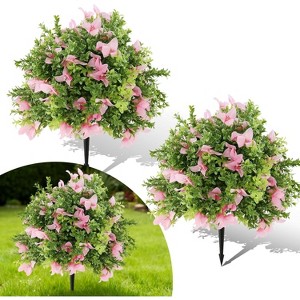 2PCS Artificial Topiary Boxwood Ball Trees with Spike UV Resistant Faux Round Topiary Shrub Plant with Silk Flowers for Porch Outdoor Christmas Decor - 1 of 4
