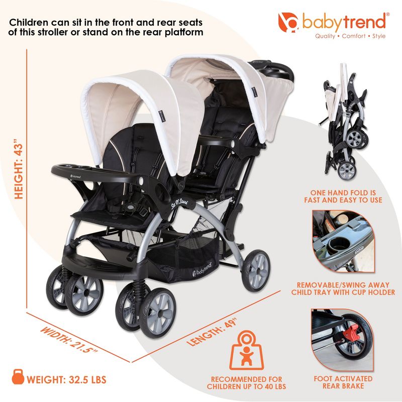 Baby Trend Sit N' Stand Multi-Use Easy Fold Travel Toddler and Baby Double Stroller with Safety Harness and Storage Basket, 4 of 9