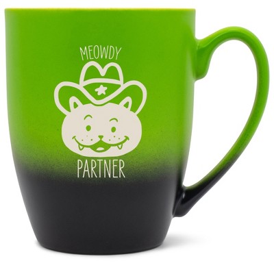 100 North Cowboy Hat Kitten 10 Ounce Green and Black Two Toned Ombre, Comfortably Fits Your Hands, Ceramic Tea Coffee Cup Mug, Meowdy Partner