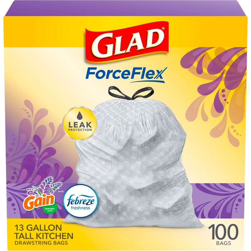 Glad ForceFlex Tall Kitchen Drawstring Trash Bags - Febreze Lavender - 13 Gallon, 1 of 11