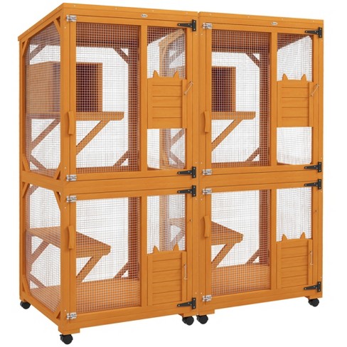 Pawhut Wooden Catio 2pcs Cat Cages With Waterproof Roof High up Resting Box Wheels For Indoor Outdoor Cat Enclosure For 3 6 Cats Orange Target