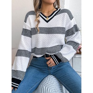 Women's V - Neck Color - Block Striped Lantern - Sleeve Pullover Sweater, Stylish and Cozy Knitwear for Fall and Winter - 1 of 4