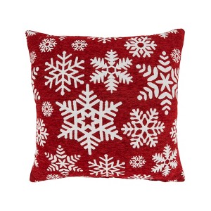 Saro Lifestyle Frosty Opulence Chenille Jacquard Snowflakes Down Filled Throw Pillow, 18"x18", Red - 1 of 2