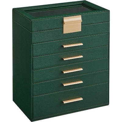 Glass Lid Jewelry Box 3 Layers 2 Drawers Modern White and Gold Finish Storage Organizer Display Case