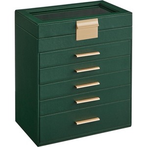 Glass Lid Jewelry Box 3 Layers 2 Drawers Modern White and Gold Finish Storage Organizer Display Case - 1 of 4