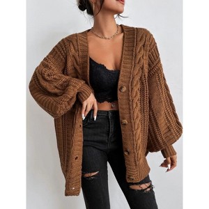 Clearlove Womens V Neck Cable Knit Cardigan Vintage Inspired Oversized Sweater Coat Lantern Sleeve Boho Chic Open Front Wrap - 1 of 4