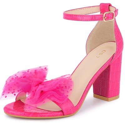 BLISSFUL STEP Women's Mesh Bow Tie Ankle Strap Chunky Heel Sandals