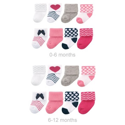 Image of Luvable Friends Infant Girl Grow with Me Cotton Terry Socks, Bow, 0-6 and 6-12 Months