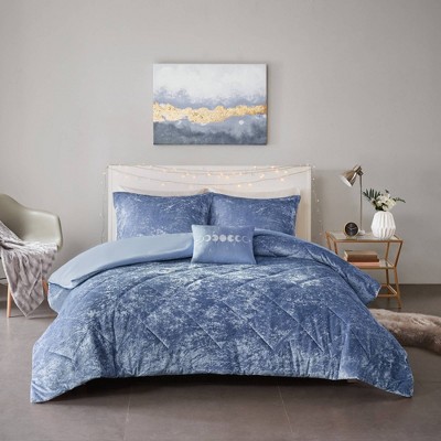Twin/Twin XL Blue Crushed Velvet Quilted Duvet Set