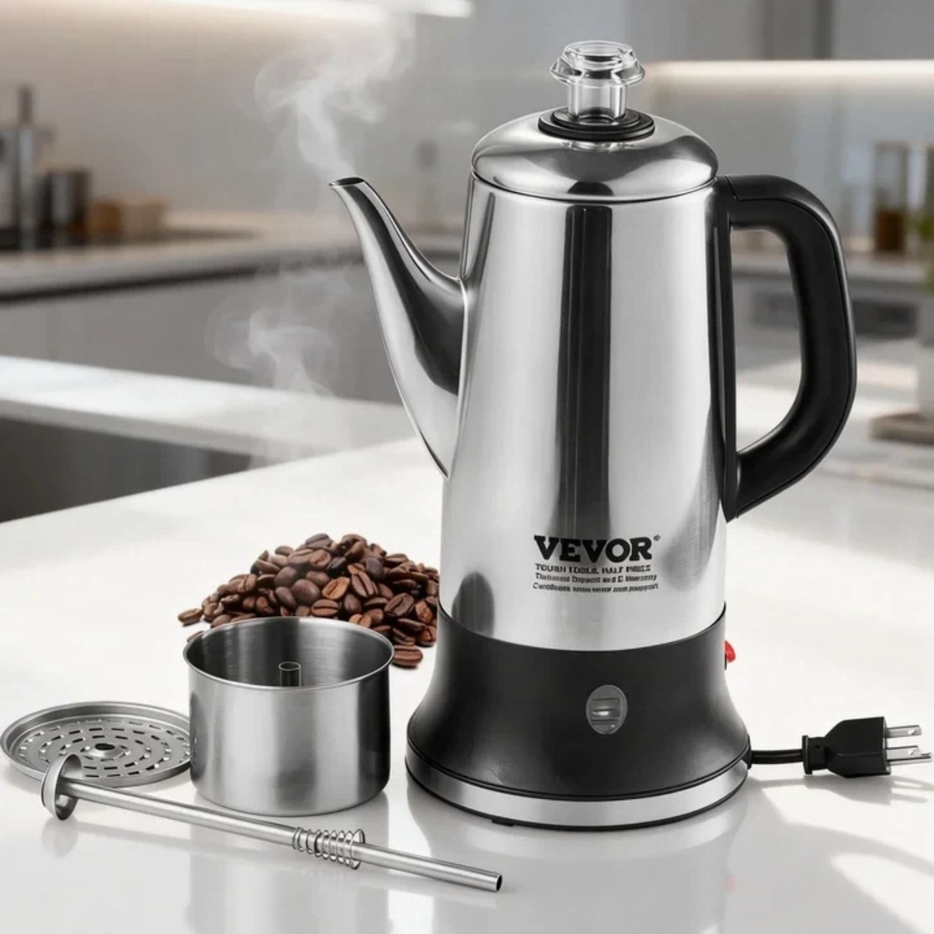 VEVOR Electric Coffee Percolator, 12-Cup Stainless Steel Coffee Pot with Keep Warm Function & Easy-Pour Spout, Silver