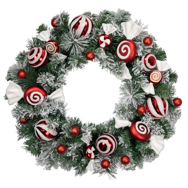 Northlight Frosted Pine Artificial Christmas Wreath with Swirled Candy Ornaments, 24-Inch, 1 of 6