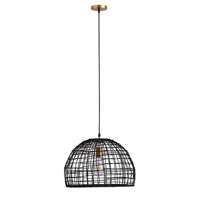 Modern Farmhouse Pendant Light, Handcrafted Black Woven Cage Shade with Brass Canopy for Entryway