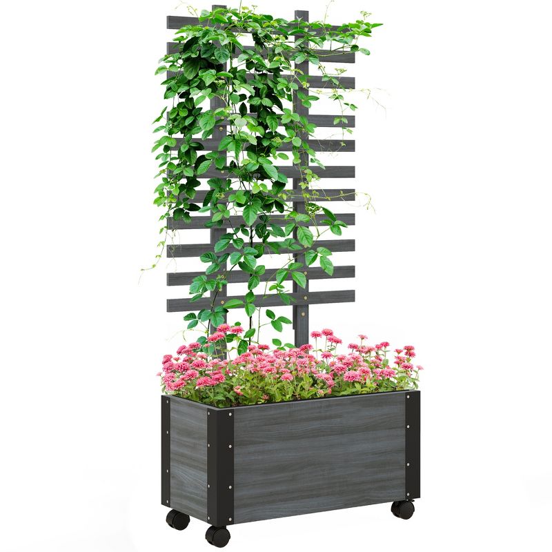 Outsunny 58" Wood Planter Box & Ladder Trellis, Mobile Outdoor Raised Garden Bed for Climbing Plants with Drainage Holes & Metal Corners, 1 of 9