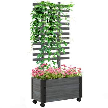 Outsunny 58" Wood Planter Box & Ladder Trellis, Mobile Outdoor Raised Garden Bed for Climbing Plants with Drainage Holes & Metal Corners