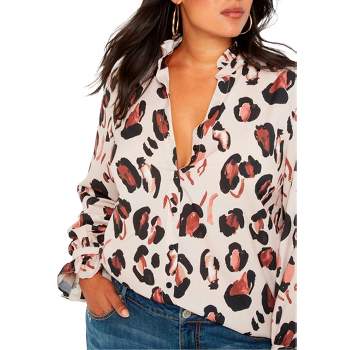 ELOQUII Women's Plus Size Printed Button Down Shirt with Ruffle Neck