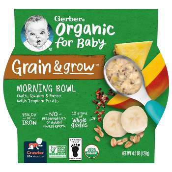 Gerber Organic Grain & Grow Morning Bowl Oats Quinoa Farro Tropical Fruits Baby Meals - 4.5oz