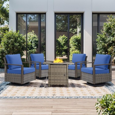 Buenhomino Outdoor Furniture with Fire Pit -Patio Table and Chairs Set of 4 Swivel Patio Chairs for Deck Porch Garden Poolside Backyard