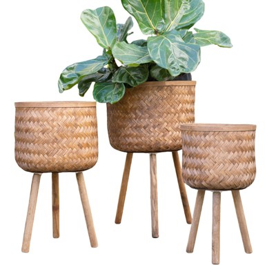 VisioGear 3PCS Round Planter with Stand, Plant Pots for Hall, Living Room, Brown, 15"*15"*26"