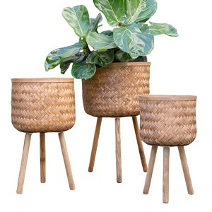 VisioGear 3PCS Round Planter with Stand, Plant Pots for Hall, Living Room, Brown, 15"*15"*26" - 1 of 4