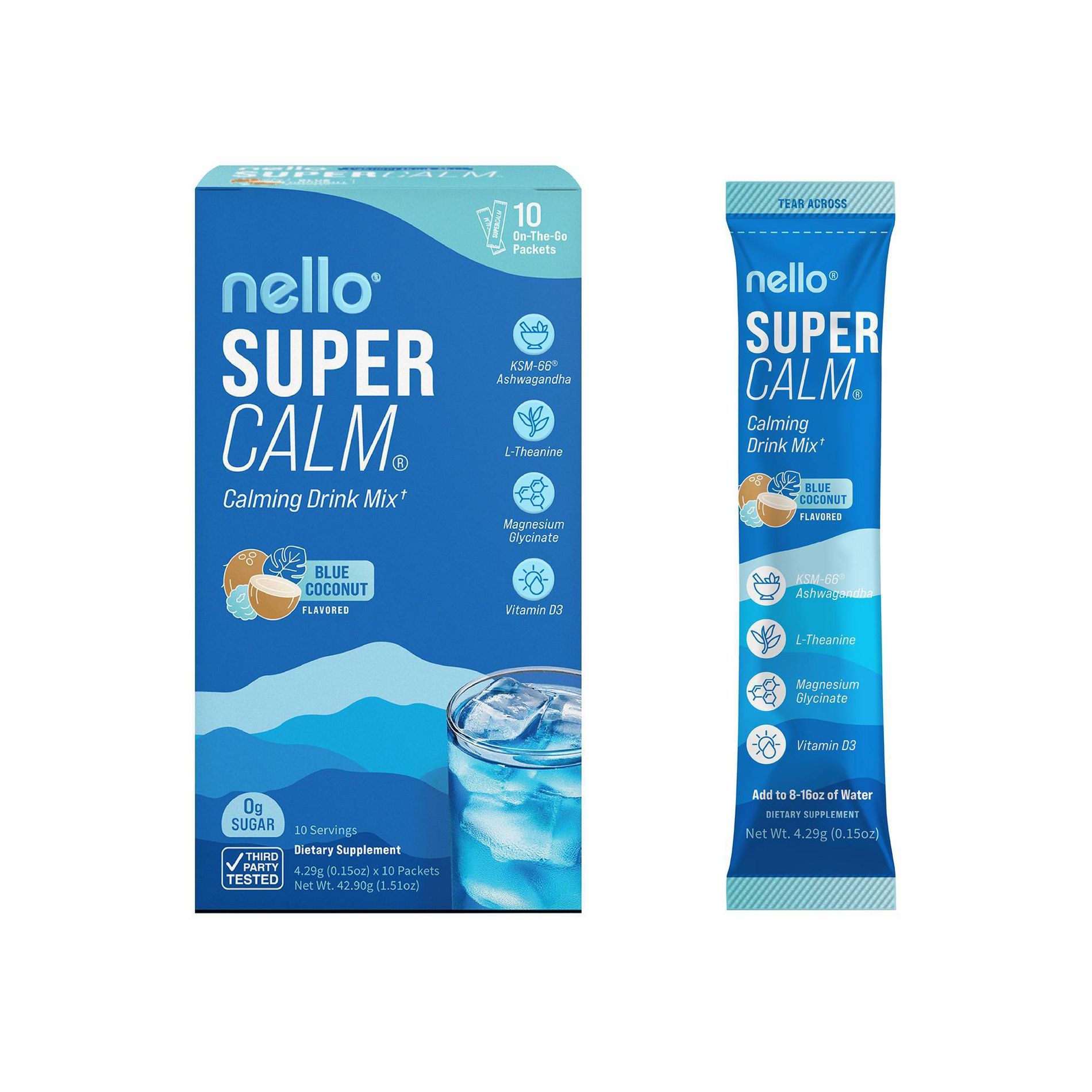 Nello Supercalm Calming Drink Mix Supplement Powder - Blue Coconut - 10ct