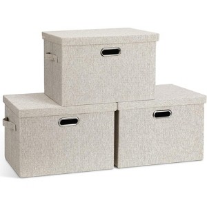 Large 17" 36 Quart Collapsible Stackable Storage Bins with Lids,3 Packs Beige Linen Fabric Closet Boxes with Lids,for Bedroom Office(17 X12 X11) - 1 of 4