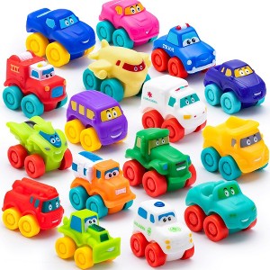 SYNCFUN 16Pcs Cartoon Cars, Soft Rubber Toy Car Set, Mini Toy Vehicles, Bath Toy Car for Toddlers, Gift for Boys Girls Christmas Birthday - 1 of 4