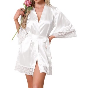 INSPIRE CHIC Women's Satin Robe Lace Trim Bridal Party Tie Waist Silky Wedding Bridesmaid Bathrobe - 1 of 4