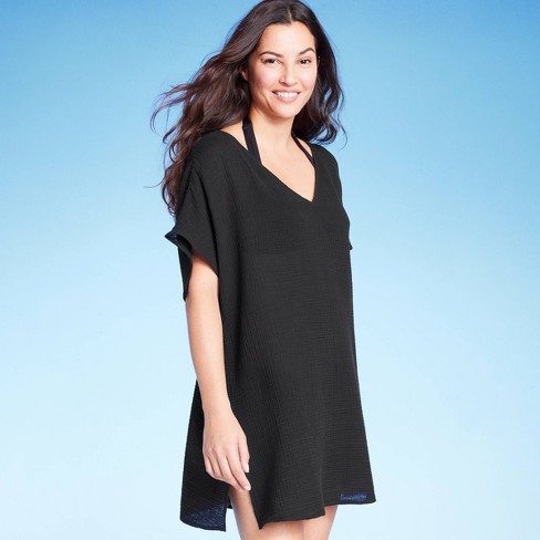 Women's Side Slit Tie Back Cover Up Tunic Dress - Kona Sol™ Black S