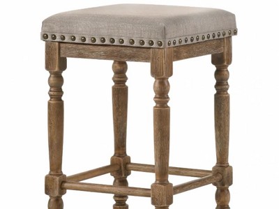 Weathered Oak Backless Counter Height Stool with Beige Upholstered Seat