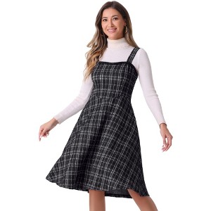 INSPIRE CHIC Women's Sleeveless Square Neck Plaid A-Line Pinafore Overall Tweed Dresses - 1 of 4