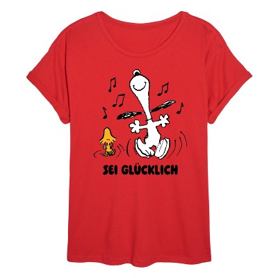 Women's - Peanuts - Snoopy and Woodstock Be Happy German Oversized Graphic T-Shirt