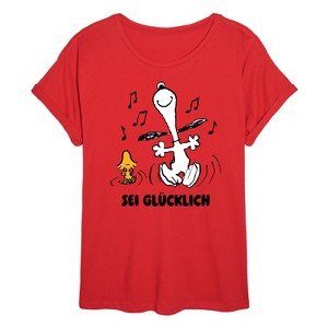 Women's - Peanuts - Snoopy and Woodstock Be Happy German Oversized Graphic T-Shirt - 1 of 4
