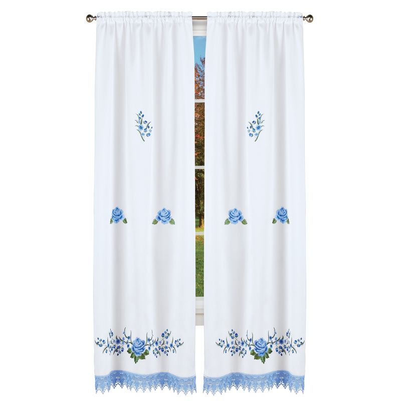 Collections Etc Embroidered Blue Rose with Lace Window Drapes, 1 of 4