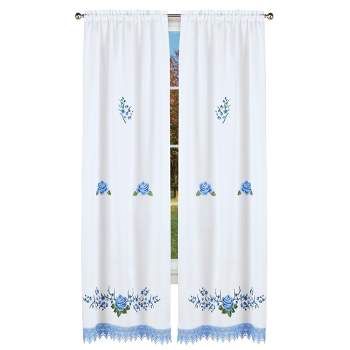 Collections Etc Embroidered Blue Rose with Lace Window Drapes