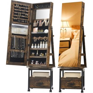 Swivel Jewelry Armoire with Full-Length Mirror, Reversible Storage Cabinet with Drawer and Wheels, Jewelry Organizer with Spacious Compartments - 1 of 4