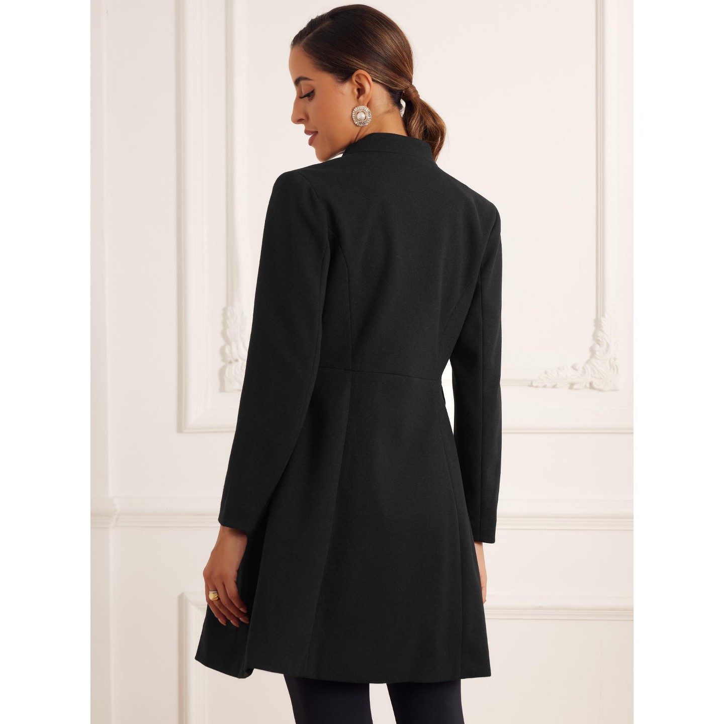 Женские куртки Allegra K Stand Collar Double Breasted Pocket Long Sleeve Winter Coats Large Black, цвет: Чёрный — фото 3