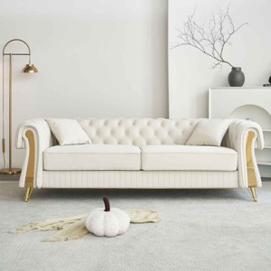 Chesterfield Sofa with Tufted Back and Square Arms, 3-Seat Couch with Metal Trim, Velvet Sofa with Gold Trim and Metal Legs-Coolbibila - 1 of 4