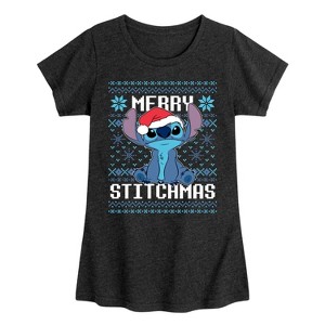 Girls' - Lilo and Stitch - Merry Stitchmas Christmas Cross Stitch Fitted Short Sleeve Graphic T-Shirt - 1 of 3