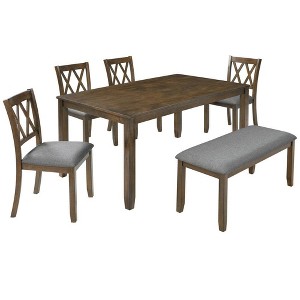 Resenkos 6-Piece Wooden Dining Set with Table, 4 Chairs and Bench, Modern Rectangular Table for 6 in Kitchen or Dining Room, Walnut Brown - 1 of 4
