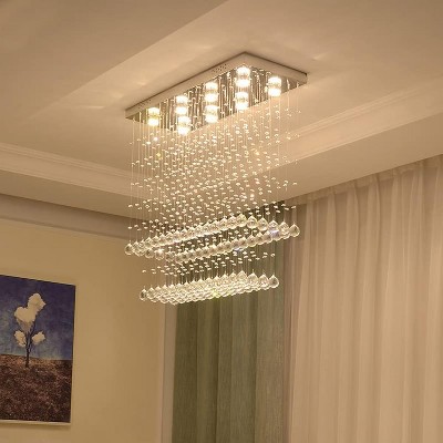 Ludomide 31.5'' Modern Rectangular Raindrop Crystal Chandelier, 2 tiers Chrome Crystal Flush Mount Chandeliers for Dining Room