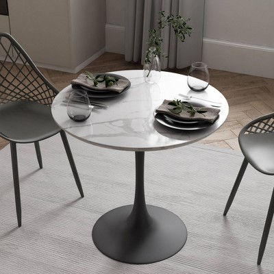 Contemporary 31.5" Round Marble Dining Table with Black Base